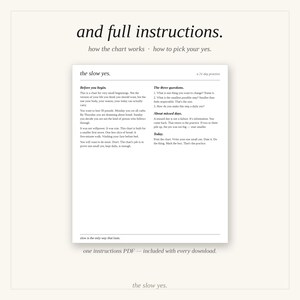 May include: A white instructional document titled the slow yes. a 21-day practice. The text includes sections titled Before you begin, The three questions, About missed days, and Today, with instructions on how to use the chart for small daily habits.