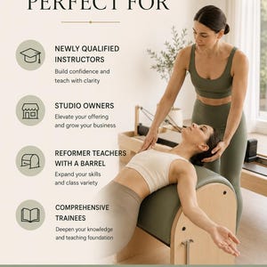 May include: An educational infographic featuring the text PERFECT FOR, listing categories for instructors, studio owners, reformer teachers, and trainees. It includes icons of a graduation cap, building, barrel, and book, with a quote at the bottom.