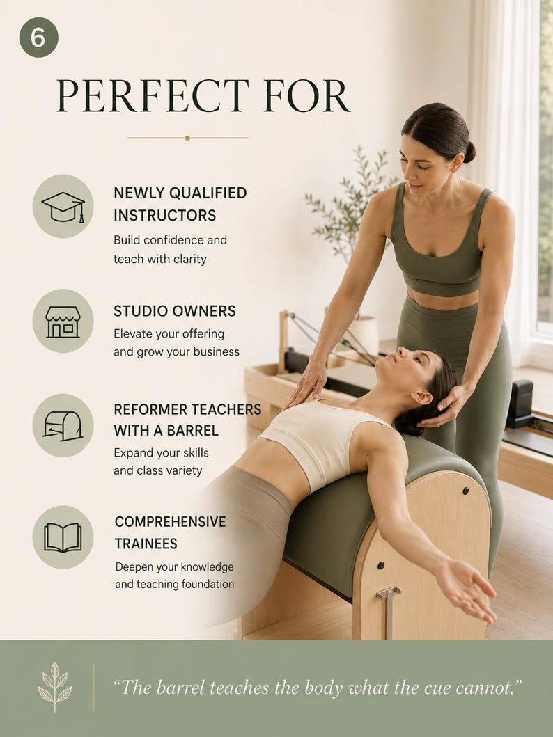 May include: An educational infographic featuring the text PERFECT FOR, listing categories for instructors, studio owners, reformer teachers, and trainees. It includes icons of a graduation cap, building, barrel, and book, with a quote at the bottom.