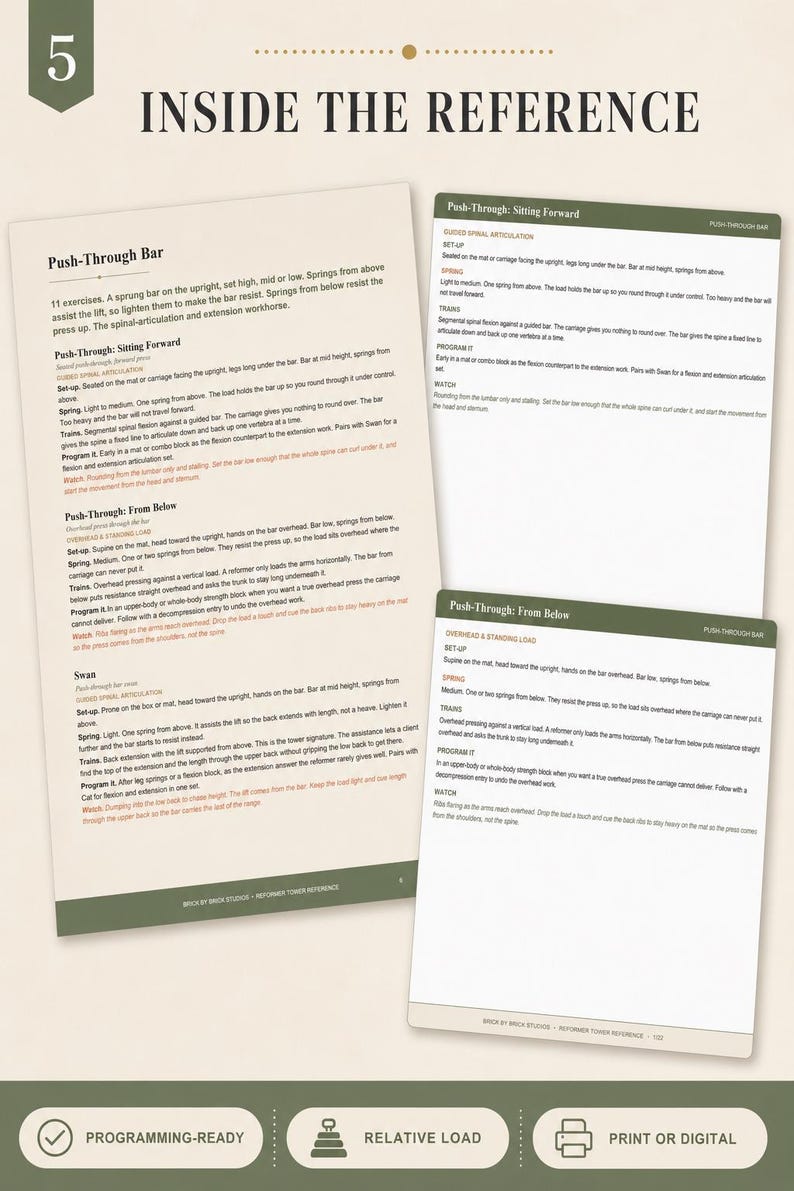 Reformer Tower Programming Reference, Pilates Cadillac Combo Exercise Guide for Instructors, Push-Through Bar & Springs PDF image 5