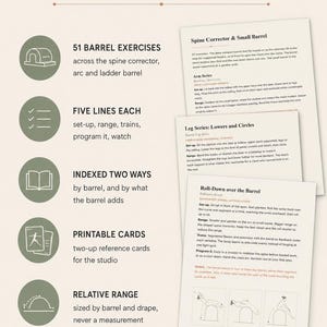 May include: An informational document titled WHAT'S INSIDE featuring five circular icons with text descriptions for 51 barrel exercises, five lines of instruction, two-way indexing, printable cards, and relative range, alongside three stacked pages of text.