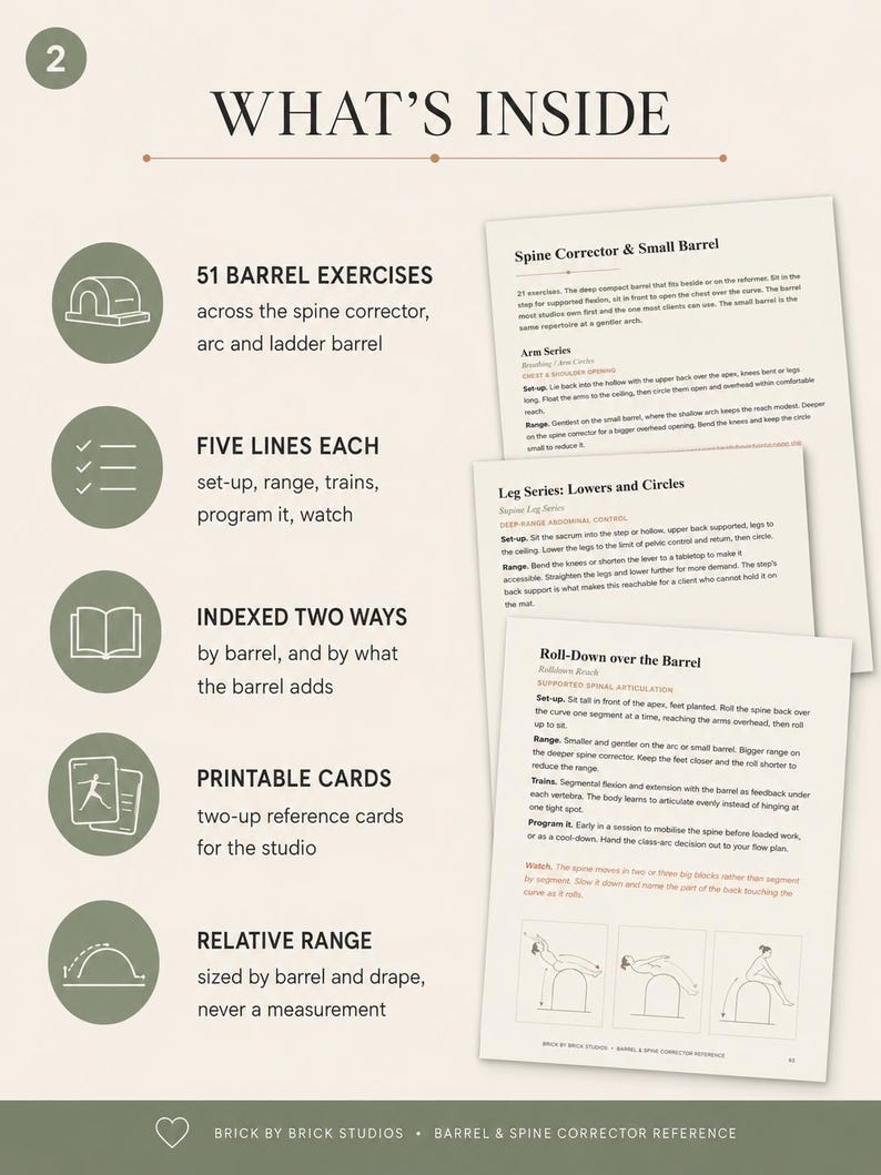 May include: An informational document titled WHAT'S INSIDE featuring five circular icons with text descriptions for 51 barrel exercises, five lines of instruction, two-way indexing, printable cards, and relative range, alongside three stacked pages of text.