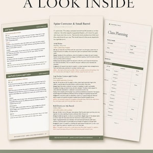 May include: Three white informational sheets with black text titled A LOOK INSIDE, Spine Corrector & Small Barrel, and Class Planning. The documents detail exercise series, including Arm Series and Leg Series, with instructions for movement and training.