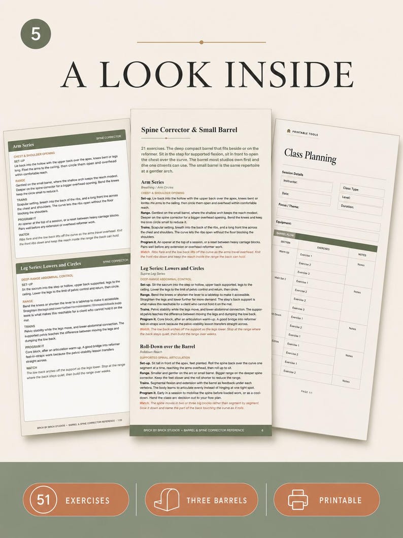 May include: Three white informational sheets with black text titled A LOOK INSIDE, Spine Corrector & Small Barrel, and Class Planning. The documents detail exercise series, including Arm Series and Leg Series, with instructions for movement and training.