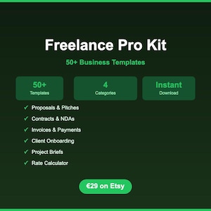 Pode incluir: Gráfico verde escuro que promove um "Freelance Pro Kit" com mais de 50 modelos de negócios. O kit inclui modelos para propostas, contratos, faturas, integração de clientes, resumos de projetos e uma calculadora de taxas. O texto "Download instantâneo" também está presente.