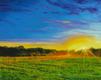 May include: A landscape painting depicting a vibrant sunrise over a green field. The sun glows yellow on the horizon, casting rays across the grass. Dark trees line the background under a deep blue sky with streaks of purple and orange clouds.