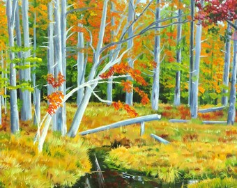 May include: An oil painting depicting a forest scene in autumn with tall, pale-barked trees featuring vibrant orange, yellow, and red foliage. A small, dark stream flows through the centre, reflecting the colourful trees and golden grasses.