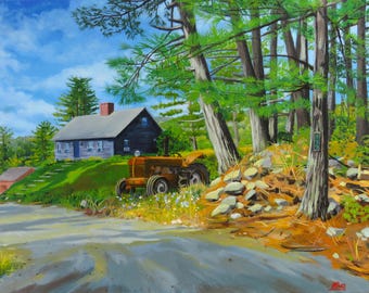 May include: An oil painting depicting a rusty orange tractor parked on a grassy slope beside a dark grey house with a red chimney. Tall pine trees stand on the right, with a small sign attached to a trunk. A dirt road runs along the foreground.