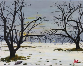May include: An oil painting depicting a winter landscape with bare, dark brown trees standing in a snow-covered field. A small, distant well structure is visible in the centre. The sky is a muted grey with hints of yellow light near the horizon.