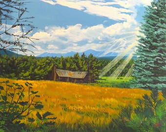 May include: A landscape painting depicting a rustic wooden cabin nestled in a golden field under a bright blue sky with white clouds. Sunbeams filter through the sky above a dense green forest and distant blue mountains, framed by pine trees.