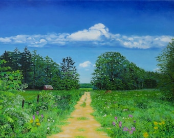 May include: An oil painting of a dirt path leading through a vibrant green meadow filled with wildflowers. A small red barn sits near a dense forest line under a bright blue sky with white clouds. A deer is visible grazing in the tall grass.