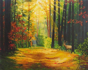 May include: An oil painting of a forest scene during autumn, featuring a stag standing near dark tree trunks. Golden sunlight streams through the canopy, illuminating a path covered in fallen leaves with vibrant red and orange foliage.