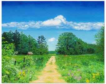 May include: A landscape painting depicting a dirt path leading through a vibrant green meadow filled with wildflowers. A small red cabin sits near a dense forest line under a bright blue sky with white clouds and a small deer in the grass.