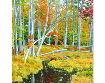 May include: An oil painting of a forest scene during autumn, featuring tall white trees with orange and red foliage. A small, dark stream flows through the centre, surrounded by golden-yellow grasses and fallen logs on the forest floor.