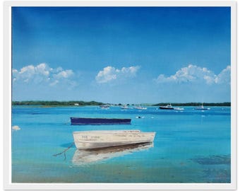 May include: A painting of a calm blue bay under a clear sky with scattered white clouds. A weathered white rowboat sits in the foreground, while a dark blue boat floats nearby. Several other small vessels are visible in the distance.