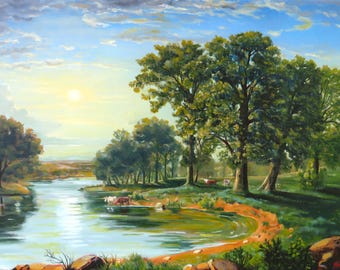 May include: An oil painting depicting a serene landscape with a winding river reflecting a bright sun in a cloudy blue sky. Lush green trees line the grassy banks where several cows graze and drink water. The foreground features earthy tones.