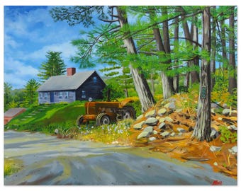 May include: An oil painting depicting a rustic landscape with a dark grey house featuring a red chimney, a rusty orange vintage tractor parked on a grassy hill, and tall pine trees casting shadows over a dirt road under a bright blue sky.