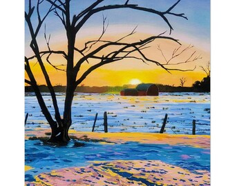 May include: A painting of a winter landscape at sunset featuring a large, dark, leafless tree in the foreground. A barbed wire fence crosses the snow-covered field, which reflects yellow and pink light. Two small red buildings sit on the horizon.
