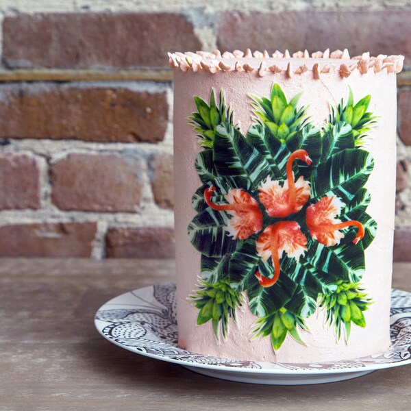 Tropical Image comestible de gâteau Hero !  Flamants roses, des feuilles de banane et ananas.  Paradis sur un gâteau !