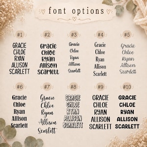 May include: A beige background displays ten font options for personalized text. Each option showcases the names Gracie, Chloe, Ryan, Allison, and Scarlett in different font styles. The text "font options" is at the top.