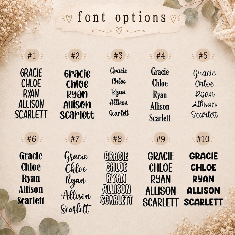 May include: A beige background displays ten font options for personalized text. Each option showcases the names Gracie, Chloe, Ryan, Allison, and Scarlett in different font styles. The text "font options" is at the top.