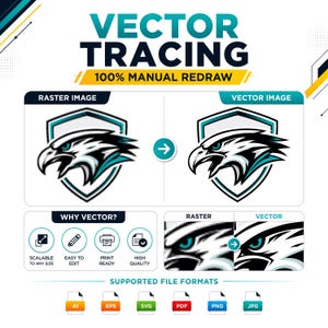 May include: A graphic display showing vector tracing services with the text VECTOR TRACING 100% MANUAL REDRAW. It compares a pixelated raster eagle logo to a sharp vector version, lists benefits like scalable and print ready, and shows file icons.