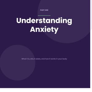 Peut inclure: Graphique violet foncé avec le titre "Understanding Anxiety" en grand texte blanc. En dessous, le texte "What it is, why it exists, and how it works in your body."