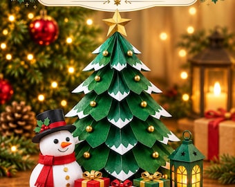May include: A 3D paper craft display featuring a green Christmas tree with white-tipped branches and gold ornaments, topped with a gold star. A snowman with a black hat and red scarf, three small gift boxes, and a green lantern sit at the base.