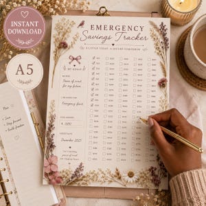 May include: An A5 Emergency Savings Tracker printable sheet featuring floral illustrations, a goal section, and a grid of checkboxes ranging from $10 to $1000. The document includes the text Emergency Savings Tracker and A Little Today, A Secure Tomorrow.