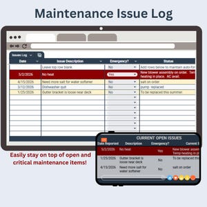 May include: A digital Maintenance Issue Log displayed on a computer screen and a mobile device. The interface features columns for Date, Issue Description, Emergency status, and Status. Text includes Maintenance Issue Log and Current Open Issues.