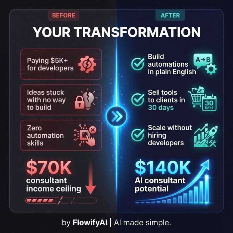 Op de afbeelding: Infographic die een transformatieproces illustreert. De "Voor" sectie benadrukt problemen zoals hoge ontwikkelaarskosten en gebrek aan automatiseringsvaardigheden. De "Na" sectie toont oplossingen zoals het bouwen van automatiseringen en schalen zonder het inhuren van ontwikkelaars.