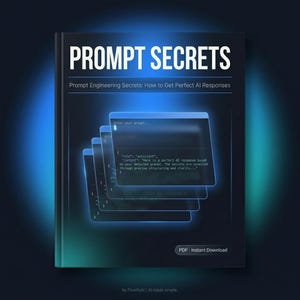 May include: A dark blue book cover titled PROMPT SECRETS with the subtitle Prompt Engineering Secrets: How to Get Perfect AI Responses. The center features stacked digital interface windows displaying code snippets. A PDF Instant Download label is visible.
