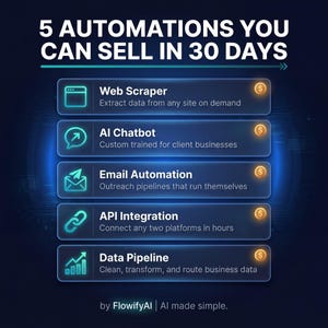 Op de afbeelding: Een digitale afbeelding met de tekst "5 AUTOMATIONS YOU CAN SELL IN 30 DAYS". De afbeelding toont vijf automatiseringsdiensten: Web Scraper, AI Chatbot, Email Automation, API Integration en Data Pipeline. Het FlowifyAI-logo staat onderaan.