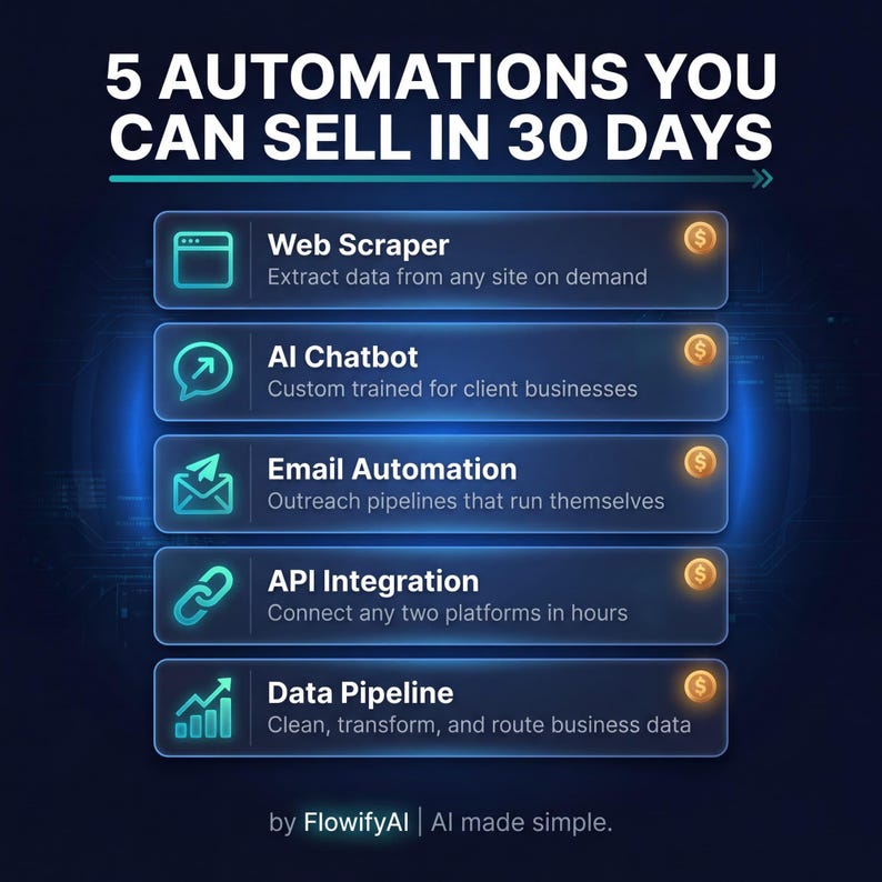 Op de afbeelding: Een digitale afbeelding met de tekst "5 AUTOMATIONS YOU CAN SELL IN 30 DAYS". De afbeelding toont vijf automatiseringsdiensten: Web Scraper, AI Chatbot, Email Automation, API Integration en Data Pipeline. Het FlowifyAI-logo staat onderaan.