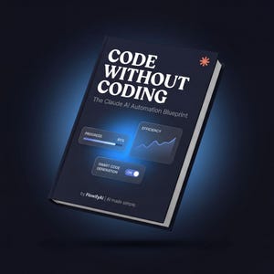 Könnte beinhalten: Ein dunkelblaues Buch mit dem Titel "CODE WITHOUT CODING" und dem Untertitel "The Claude AI Automation Blueprint". Das Cover zeigt grafische Elemente und den Text "by FlowifyAI | AI made simple."