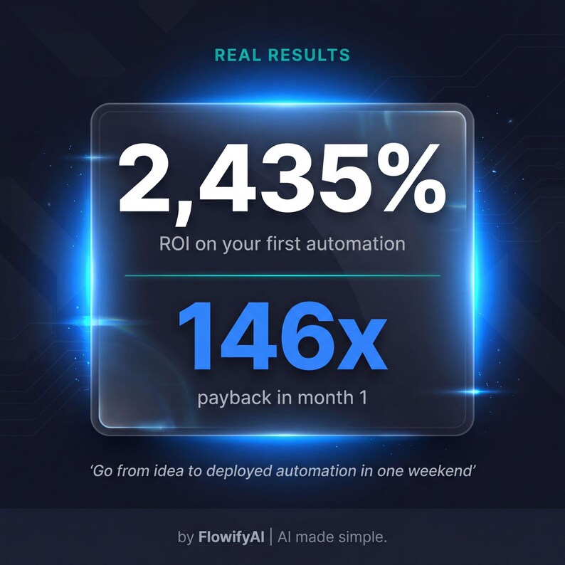 Op de afbeelding: Een digitale afbeelding met de tekst "REAL RESULTS" bovenaan. De afbeelding toont "2.435%" in het wit, gevolgd door "ROI on your first automation". Hieronder staat "146x" en "payback in month 1". De tekst "Go from idea to deployed automation in one weekend" is ook opgenomen.