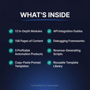 Op de afbeelding: Een donkerblauwe afbeelding met witte tekst die luidt "WHAT'S INSIDE". De afbeelding bevat 12 diepgaande modules, 156 pagina's inhoud, 5 winstgevende automatiseringsproducten en sjablonen voor kopi&euml;ren en plakken. Ook inbegrepen zijn API-integratiegidsen, debugging frameworks, inkomsten genererende scripts en een herbruikbare sjablonenbibliotheek.