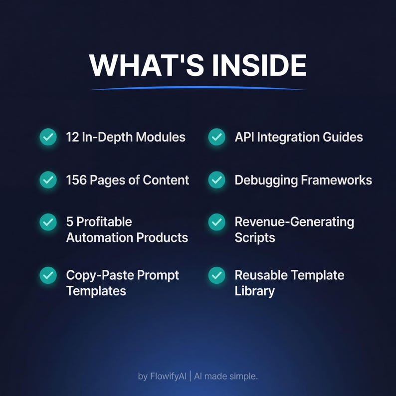 Op de afbeelding: Een donkerblauwe afbeelding met witte tekst die luidt "WHAT'S INSIDE". De afbeelding bevat 12 diepgaande modules, 156 pagina's inhoud, 5 winstgevende automatiseringsproducten en sjablonen voor kopi&euml;ren en plakken. Ook inbegrepen zijn API-integratiegidsen, debugging frameworks, inkomsten genererende scripts en een herbruikbare sjablonenbibliotheek.