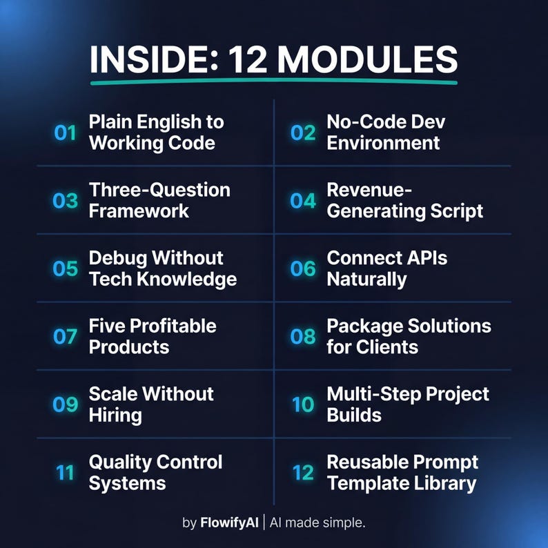 Op de afbeelding: Blauwe afbeelding met de tekst "INSIDE: 12 MODULES" en genummerde secties met onderwerpen als "Plain English to Working Code" en "Reusable Prompt Template Library". Gebrand met "FlowifyAI | AI made simple."