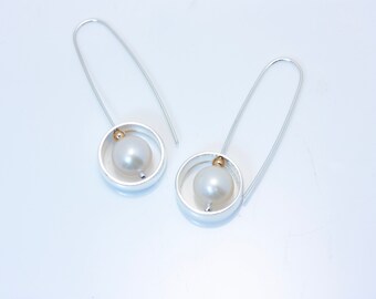 Sterling Silver Framed Large Round Pearl with Gold Bead Hoop Earrings