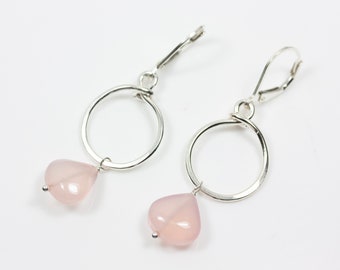 Sterling Silver 5/8" Hand Fabricated Hoops with Pink Rose Quartz Briolette on Sterling Leverbacks