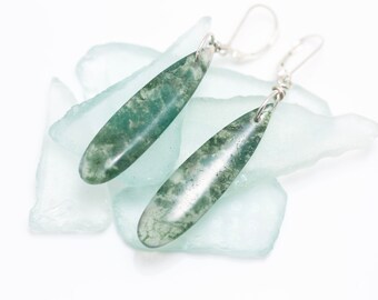 Sterling Silver Moss Agate Long Teardrops on Leverbacks