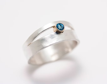 Sterling Silver Brushed Matte Double Orbit  Ring with Gemstone set in 14k Gold