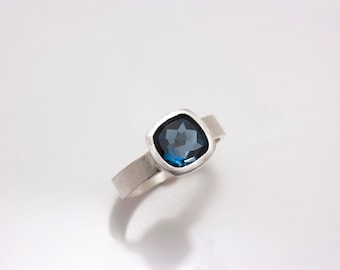 Sterling Silver Bezel Set Cushion Cut London Blue Topaz Solitaire Ring - Size 7 only