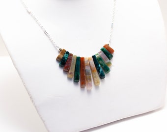 Sterling Silver Mixed Tapered Fancy Jasper Strips Necklace on Sterling Silver Curb Chain with Cylinder Beads