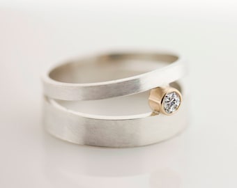 Sterling Silver Brushed Matte Double Orbit  Ring with Conflict-Free Diamond set in 14k Gold