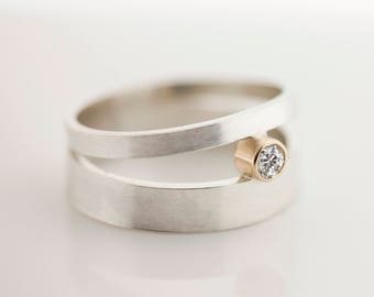 Sterling Silver Brushed Matte Double Orbit Ring with Conflict-Free Diamond set in 14k Gold
