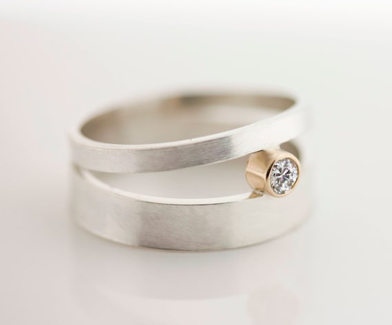 Sterling Silver Brushed Matte Double Orbit Ring with Conflict-Free Diamond set in 14k Gold