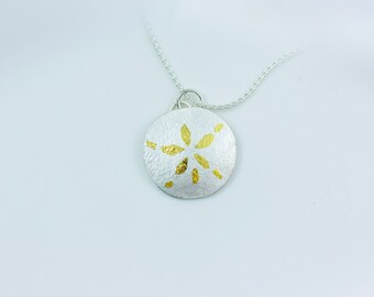 Fine Silver Sand Dollar with 24k Gold Keum-Boo Markings Pendant on Sterling Wheat Chain