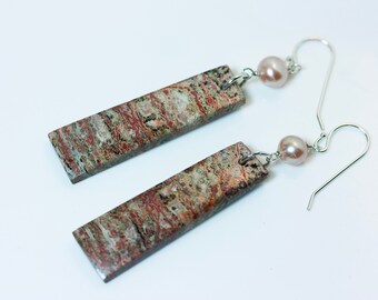 Sterling Silver Rectangle Leopardskin Jasper with Pink Pearls on Ear Wires